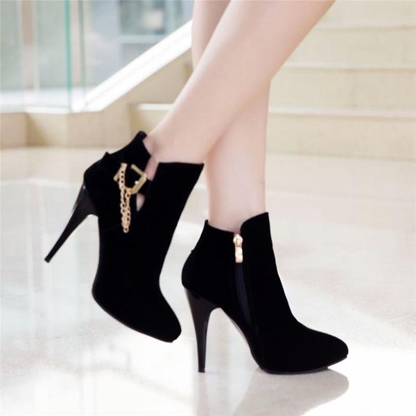 

big size 1 side zipper metal belt buckle boots waterproof table super high-heeled shoes, Black