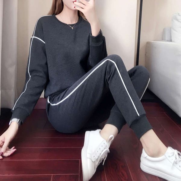 

chaopai autumn winter korean leisure sports suit women plush thickened bf style versatile sweater pants fashion two piece set, Gray