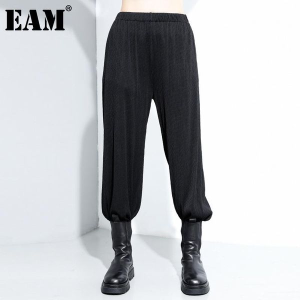 

eam] high elastic waist black pleated long wide leg trousers new loose fit pants women fashion tide spring autumn 2020 1dc296, Black;white