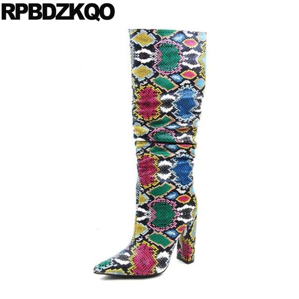 

chunky waterproof snakeskin designer thick tall knee high heel big size plus pointed toe boots shoes women snake, Black