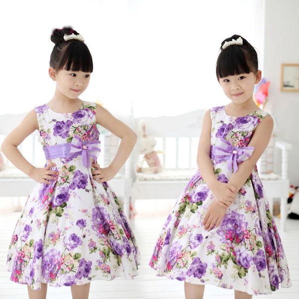 

new 2020 summer girls kids sleeveless sashes floral dress princess wedding party flower bow gown fancy dresses 2-11y, Red;yellow