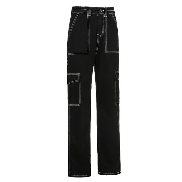 

women's jeans fashionable clothing line pocket straight leg pants long simple fashion all-match high waist, Blue
