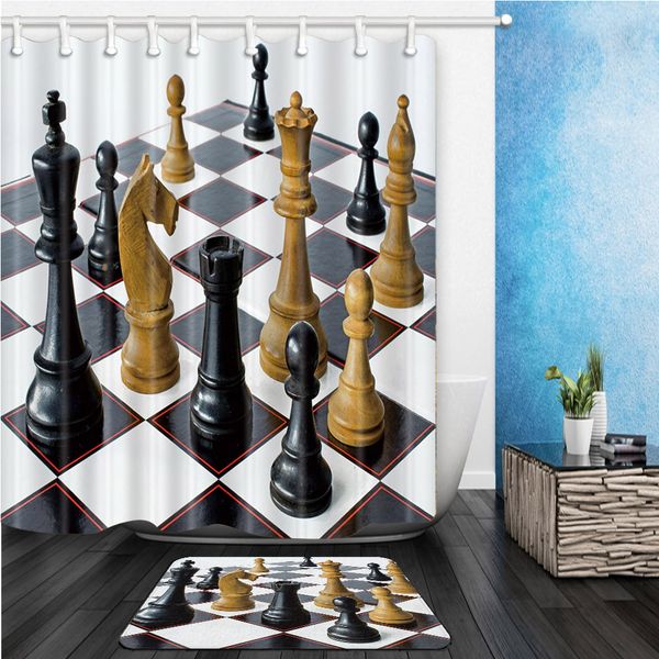 

2pcs / set личности международный шахматный печать pattern душ занавес набор водонепроницаемый + нескользящие мат туалет ванная комната home