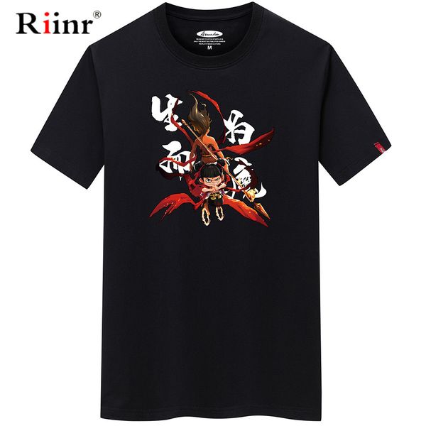 

riinr new fashion cartoon nezha o neck short sleeve mens plus size man tshirt sport hooded sweatshirt hoodie men t shirt