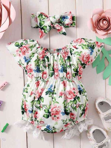 

baby floral print embroidered mesh ruffle hem bodysuit & headband she, Blue