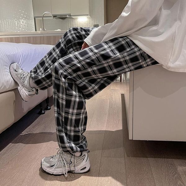 

spring 2021 trend loose check casual pants neutral straight tube drape feel drawstring mouth pants, men's fashion plaid pants, Black