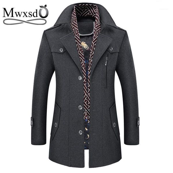 

mwxsd winter men wool jacket with scarf mens warm woolen turn-down collar jacket male thick overcoat1, Black