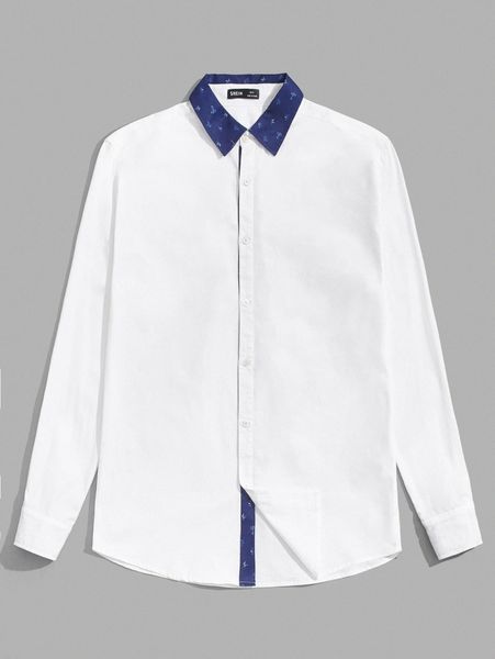 

men floral print button front contrast collar shirt q0ac#, White;black