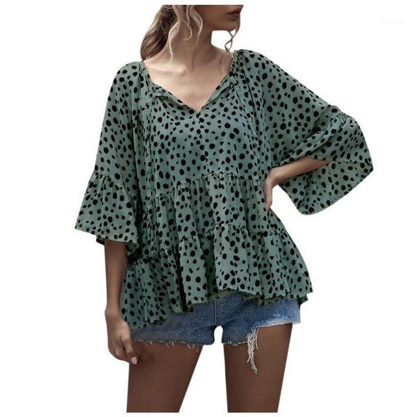 

summer women ruffles blouses ladies elegant v-neck lace-up floral blouse shirts 3/4 sleeve casual female shirts 1, White
