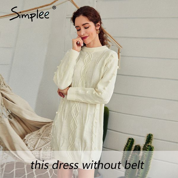 

simplee casual crew neck women knitted dress autumn winter long sleeve hairball female dress flexible straight sweater dress lj201203, White;black