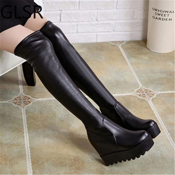 

boots women's over the knee 2021 leather fashion women long autumn winter round toe ladies platform height increasing shoe, Black