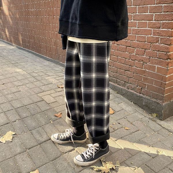 

2021 men's autumn winter new plaid woman loose straight casual oversize trousers japanese style male pants hip hop 2sjp, Black