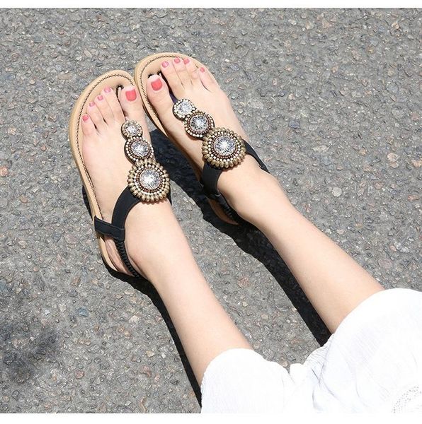 

summer women's bohemian elegant delicate pretty flat sandals elastic band string beads rhinestone holiday leisure beach shoes, Black