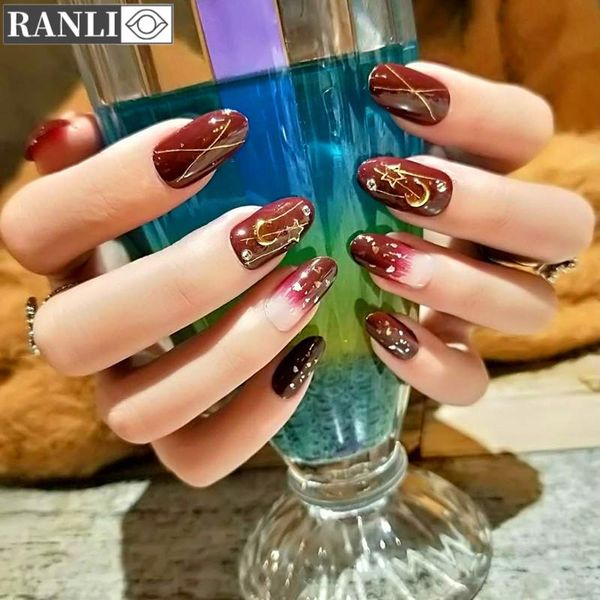 

false nails ranli starry sky beautiful long nail finished removable gradient clear with powder daily artificial art tips s88, Red;gold