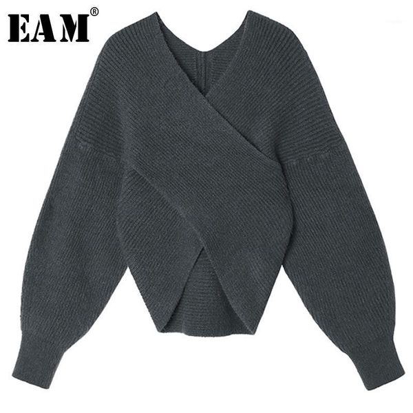 

eam] gray brief knitting sweater loose fit round neck long sleeve women pullovers new fashion tide autumn winter 2020 1y6671, White;black