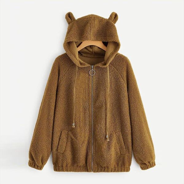 

women warm teddy hoodies sweatshirt bear ears hooded solid color long sleeve zip pocket coat women oversize plush hoodies 2020, Black