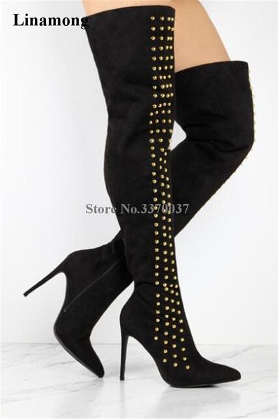 

новый дизайн женщины моды остроконечные toe замша over knee rivet высокий каблук сапоги gold spike бедренной кости высокие длинные сапоги бо, Black