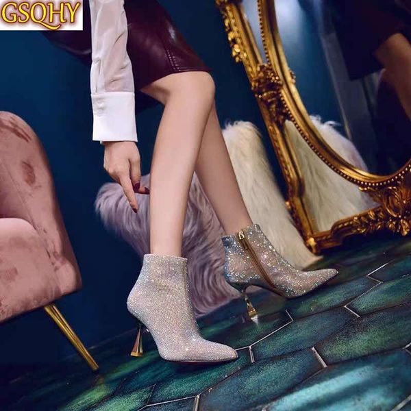 

ladies crystal ankle boots woman fashion high heels women's zip pumps female pointed toe footwear women elegant shoes, Black