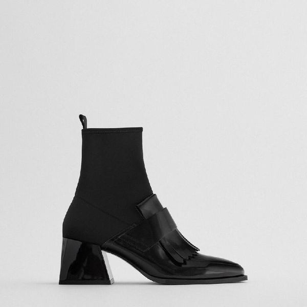 

women's boots 2020 new style square toe soft socks thick heel martin boots high heels short british style thin, Black