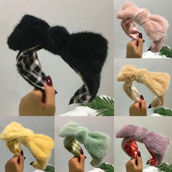 

hair accessories candy color lamb wool headband thick furry hairband knotting bow head hoop plush ears faux fur