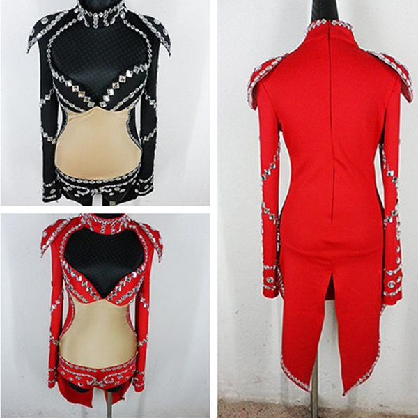

rhinestone bodysuit long sleeves swallowtail for female singer costume nightclub dj ds gogos performance stage red dress vdb2430, Black;red