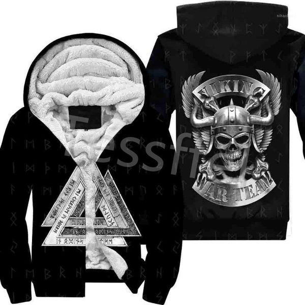 

3d printed pirate viking tattoo winter hoodies men fleece warm hood thick coat zipper men's hoodies jacket style-31, Black