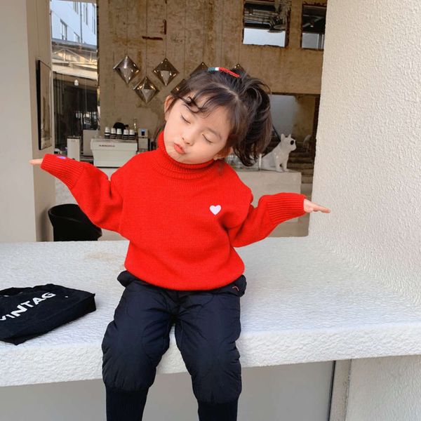 

winter net clothing new children's 2020 red edition love embroidery baby high collar plush sweater 5o10, Blue