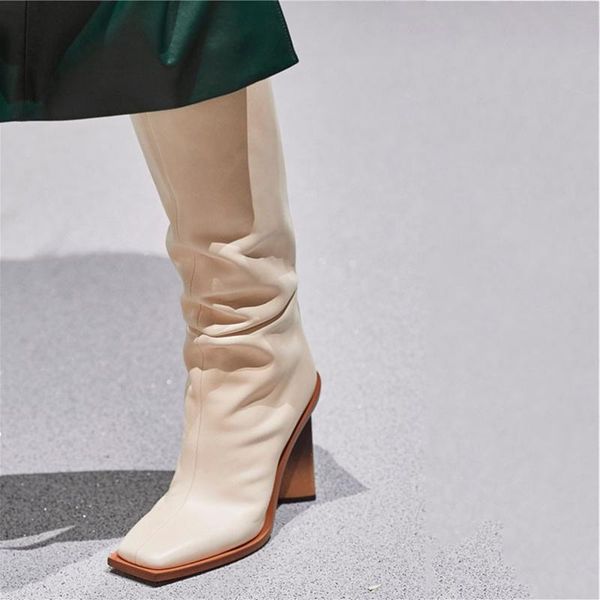 

designer heel square toe over the knee women boots slip on runway fashion autumn boots high block heel solid long, Black