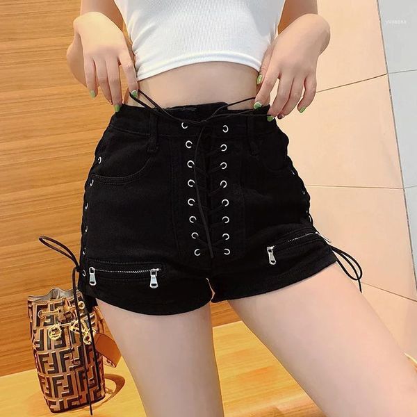 

streetwear black high waist short jeans feminino 2019 summer casual lace up bandage denim women pockets shorts spodnie damskie11, Blue