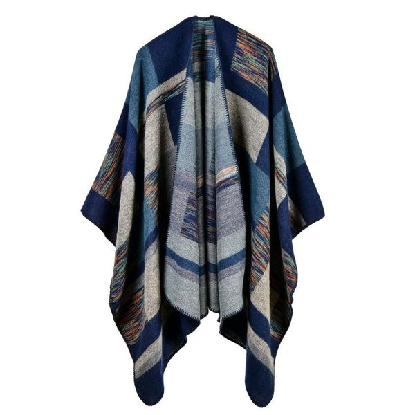 

scarves 2021 women poncho cashmere caps fashion plaid big thick warm scarf winter ponchos blanket knit echarpe manteau femme hiver, Blue;gray
