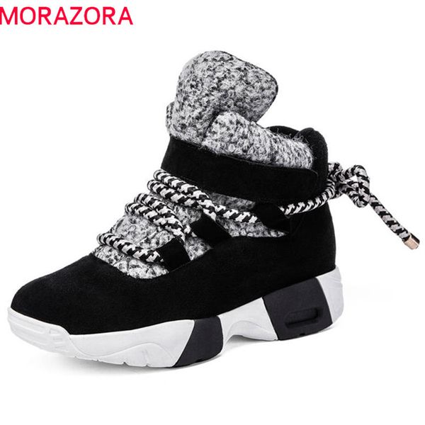 

morazora 2020 cow suede leather ankle boots lace up fashion sneakers flat shoes keep warm autumn winter boots women 1026, Black