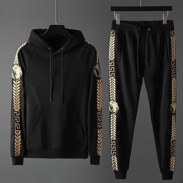 

light luxury casual sports suit men's korean fashion handsome loose two-piece hooded sweater pants, Gray
