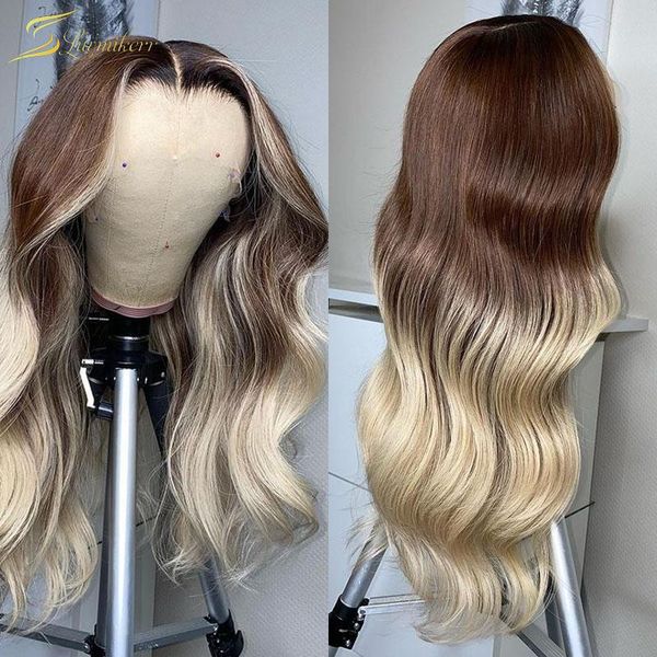 

body wave colored 613 blonde human hair wig preplucked brown ombre 13x6 lace front wigs for black women full frontal highlight, Black;brown