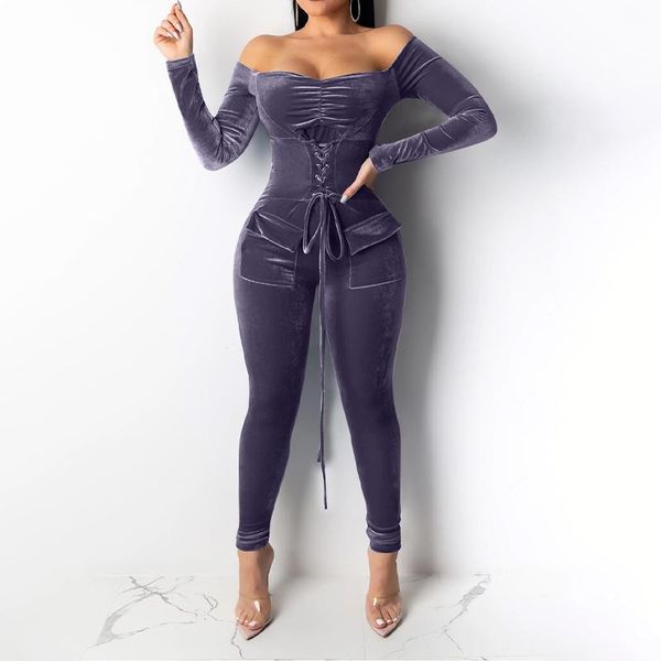 

women's jumpsuits & rompers slash neck velvet jumpsuit women warm long sleeve waist bandage lace up ladies bodysuits fashion solid skin, Black;white