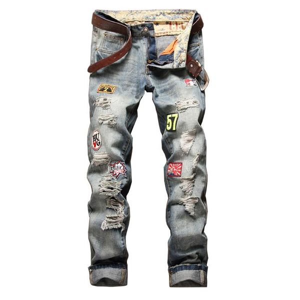 

2020 europe and america brand robin straight bowl badge to hole in full length mid patches zipper jeans men mens, Blue