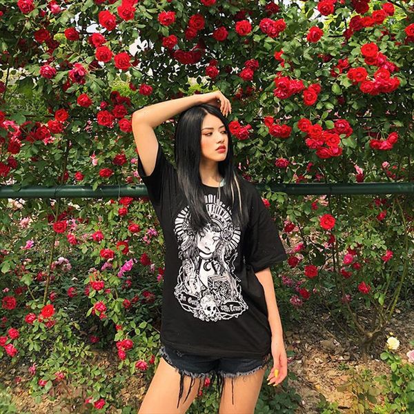 

goth dark style cartoon print womens casual t shirts vintage gothic summer female clothes hip hop short sleeve shirts, White