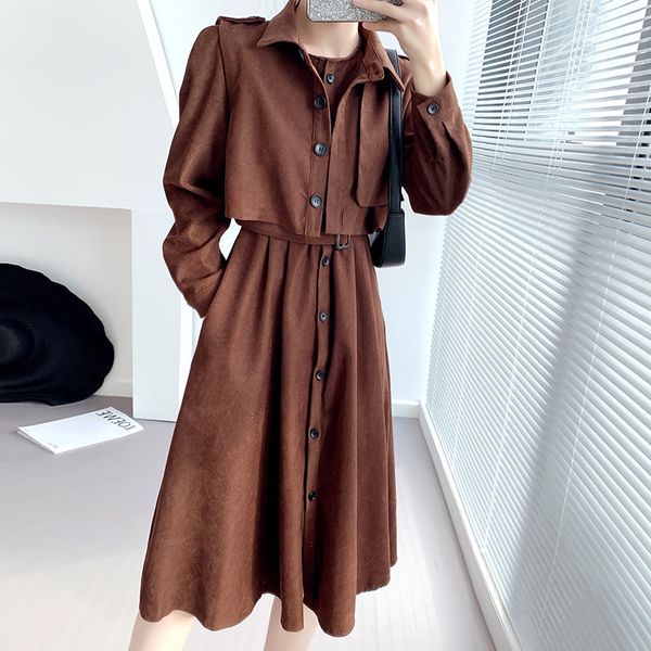 

2021 new 2-piece female together solid harvesting single vest breasted sleeve medium long empire dress winter belt o2e8, Gray