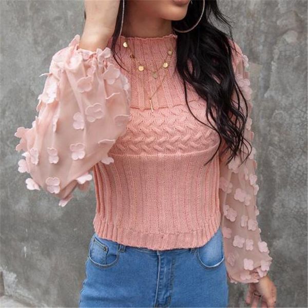 

sheer mesh long puff sleeves sweaters new casual o-neck slim fit wear lady spring fall bodycon solid color pullover sweater, White;black