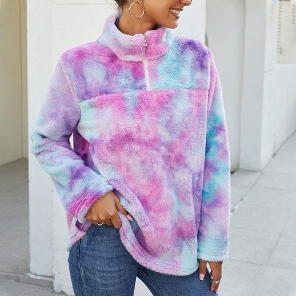 

running jerseys casual furry tie dye hoodie sweatshirts women autumn winter multicolor fleece plush zipper drawstring sweatshirt loose pullo, Black;blue