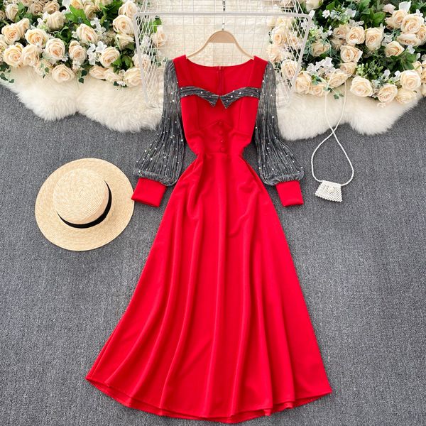 

2021 new elegant female singiny in solid retro-square turtleneck shiny lurex sleeved long-sleeve fashion streetwear dress long uzhm, Black;gray