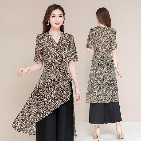 

wide leg pants 2020 summer new women's high waist v-neck two-piece leopard print fashion casual skirt skirtwide leg pants suit skirt su, Gray