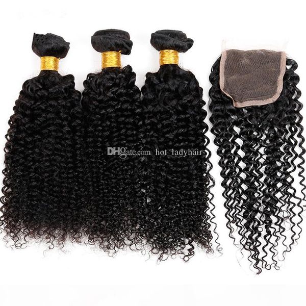 

4x4 lace closure with bundles middle 3way part brazilian human hair weave kinky curly with closure natural color ing, Black
