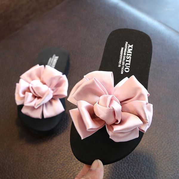 

slipper baby girls slippers with cute silk flowers solid color flat heel princess summer floral kids pink size 24-391, Black;grey