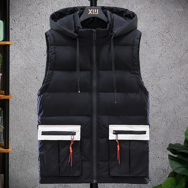 

2020 winter vest men casual winter waterproof warm hooded big pockets sleeveless coat hat detachable contrast colour plus size1, Black;white