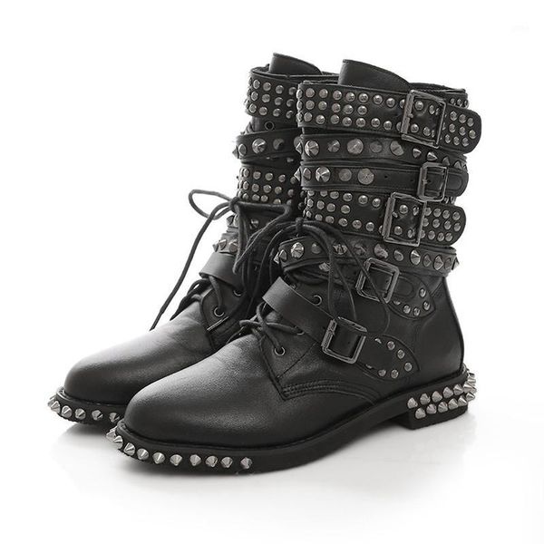 

boots us4-11 womens round toe rivet studs belt buckle ankle genuine leather punk shoes motorcycle black plus size c6691