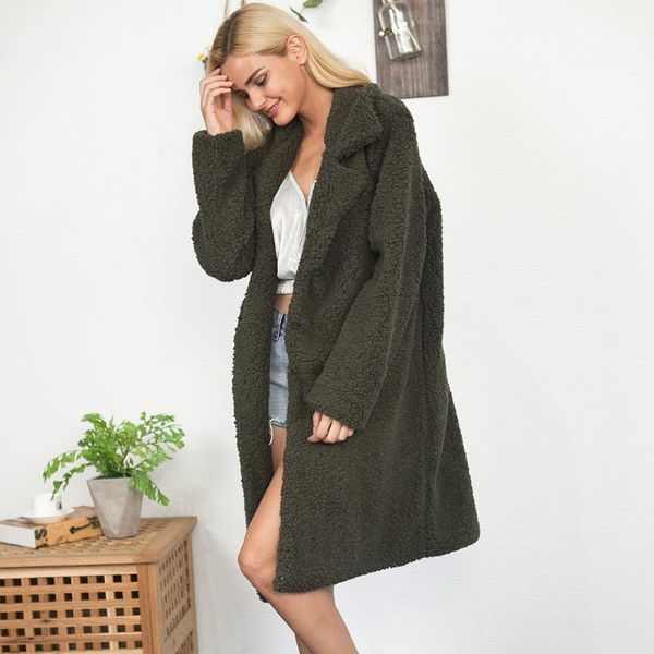 

2018 women faux fur teddy coat winter thick warm fluffy long fur coats fashion lapel shaggy jackets overcoat plus size outwear1, Black
