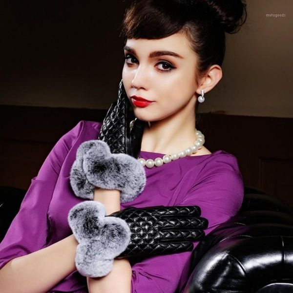 

five fingers gloves 2021 luxury womens driving genuine leather plaid solid female short fur motorcycle luva feminina1, Blue;gray
