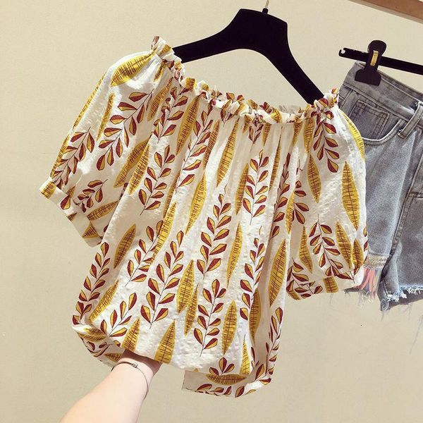 

women off shoulder short sleeve summer ruffle blouse korea style ladies floral casual, White