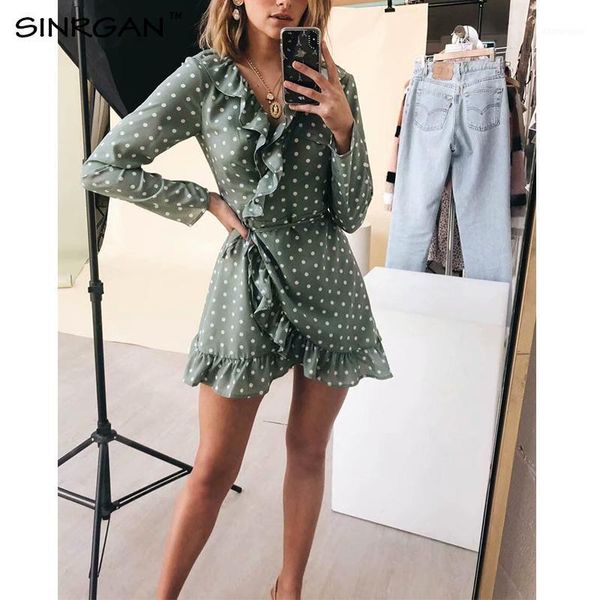 

sinrgan ruffles elegant polka dot green dresses v neck long sleeve short mini vintage spring dress bohemian vestidos1, Black;gray
