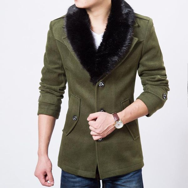 

boollili autumn winter warm velvet liner men woolen coat faux fur collar male :ong sleeve jackets abrigos para hombre1, Black